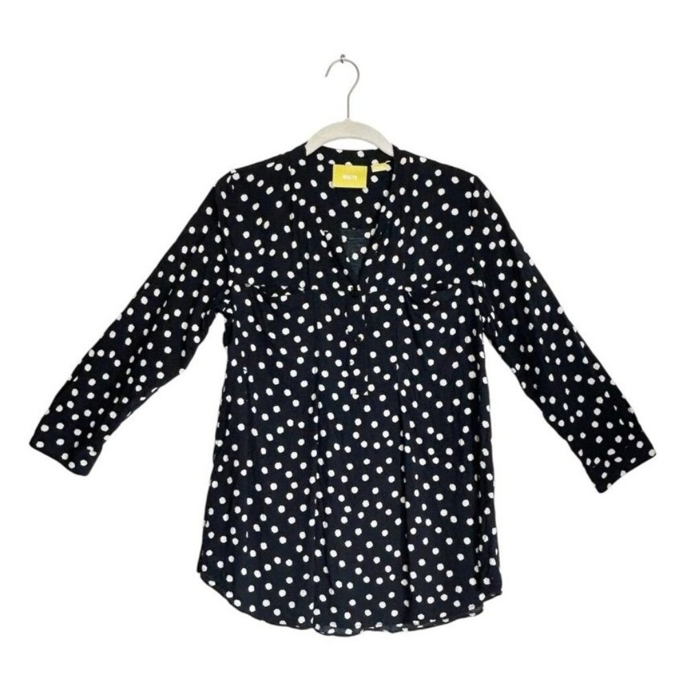 Anthropologie Maeve Brunia Polka Dot Pullover Henley Blouse in Navy/White - Sz M